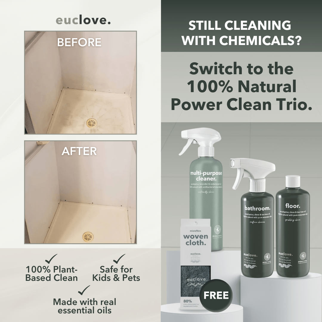 Before and after cleaning images with natural cleaning products displayed.