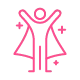 Pink outline of a person with a cape and sparkles.