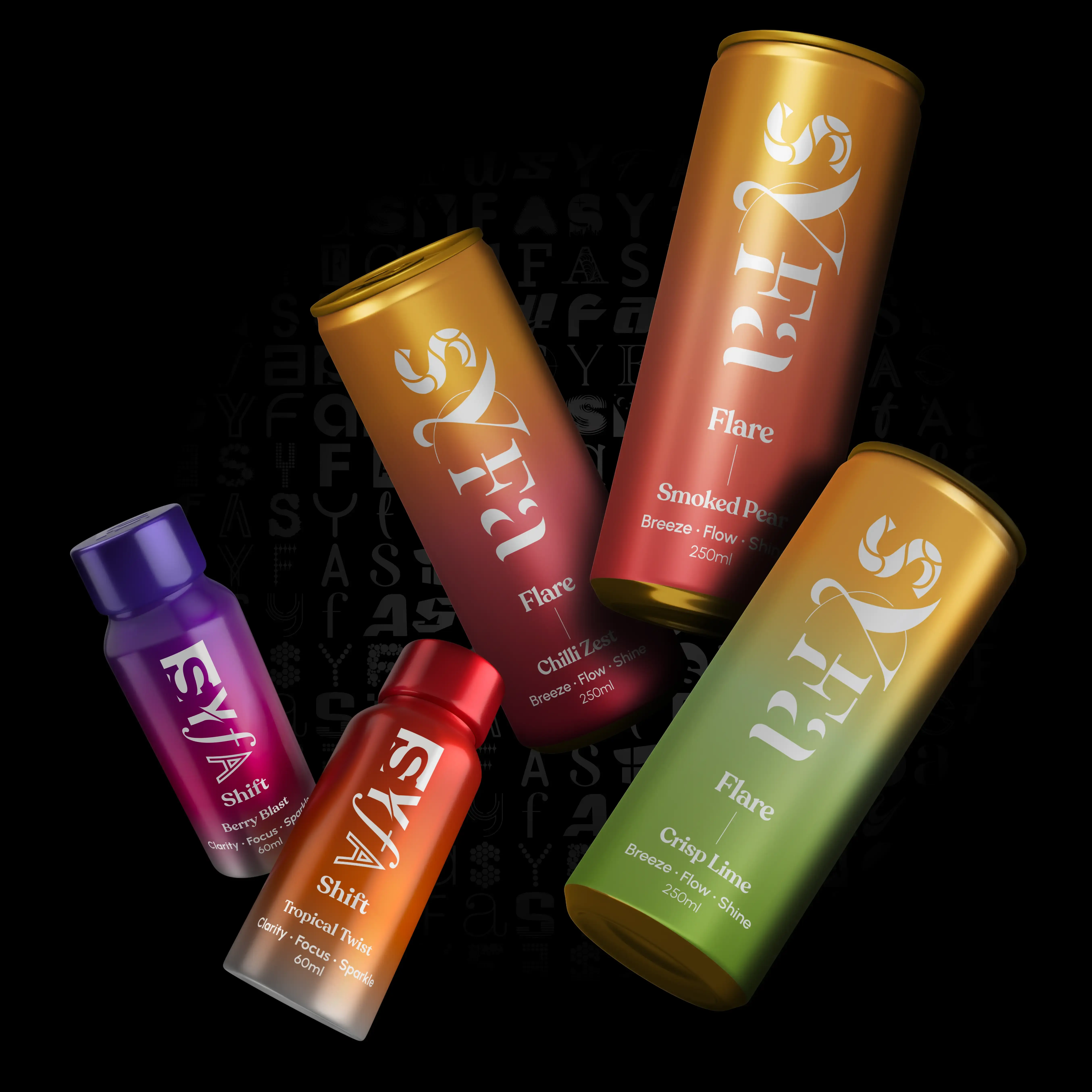 Colorful beverage cans and bottles with various flavors on a black background.
