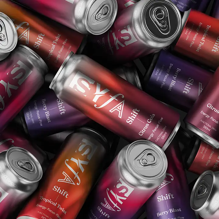 Assorted colorful beverage cans labeled 'Syfy Shift' scattered closely together.