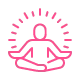 Pink outline of a person meditating with radiating lines.