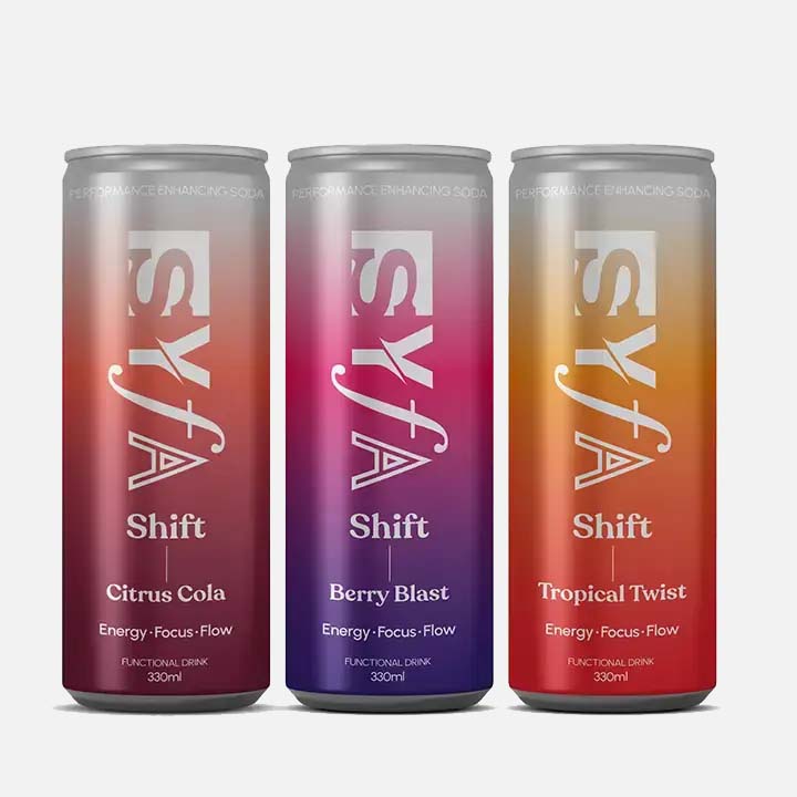 Three colorful beverage cans labeled Citrus Cola, Berry Blast, Tropical Twist.