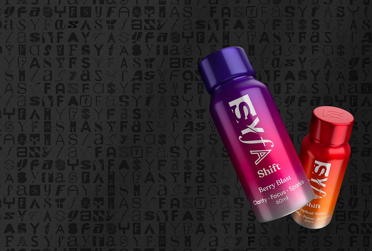 Two colorful bottles with text on a patterned background.