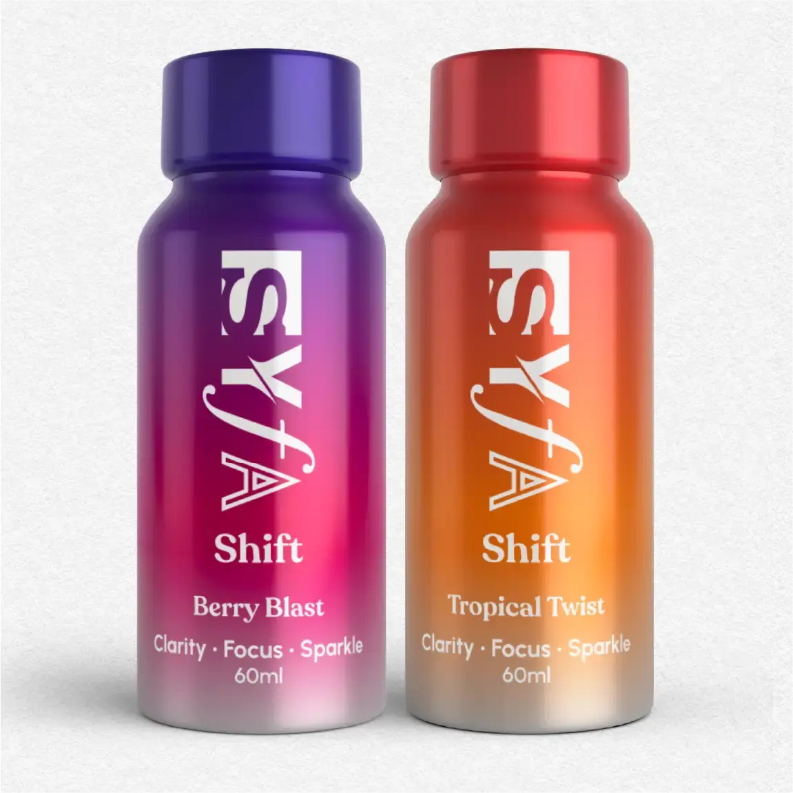 Two colorful bottles labeled 'Shift' with flavors Berry Blast and Tropical Twist.