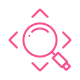 Pink magnifying glass icon with four arrows pointing outward.