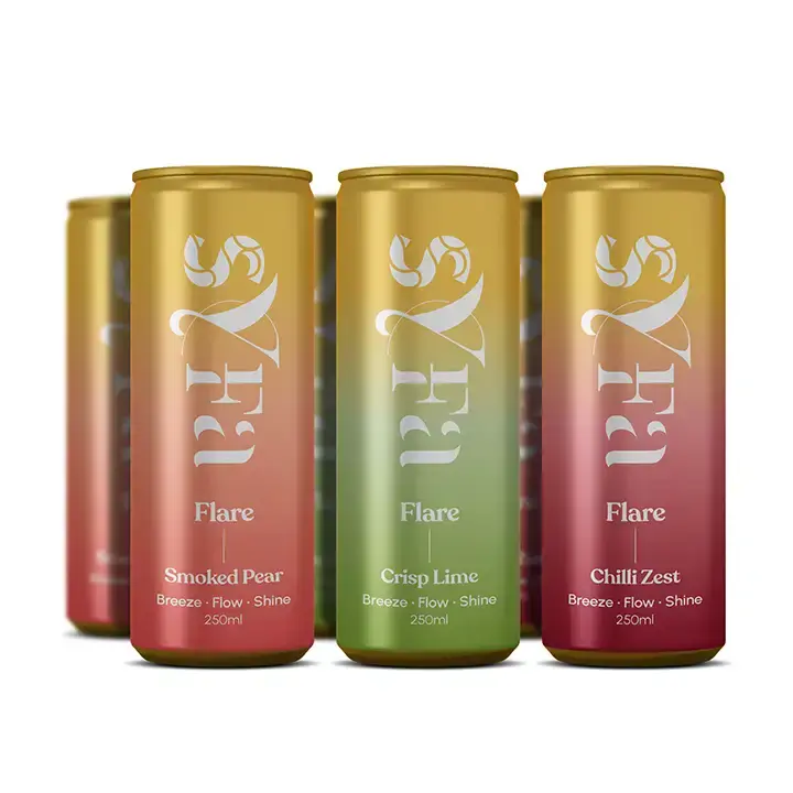 Five colorful beverage cans with flavors: Smoked Pear, Crisp Lime, Chilli Zest.