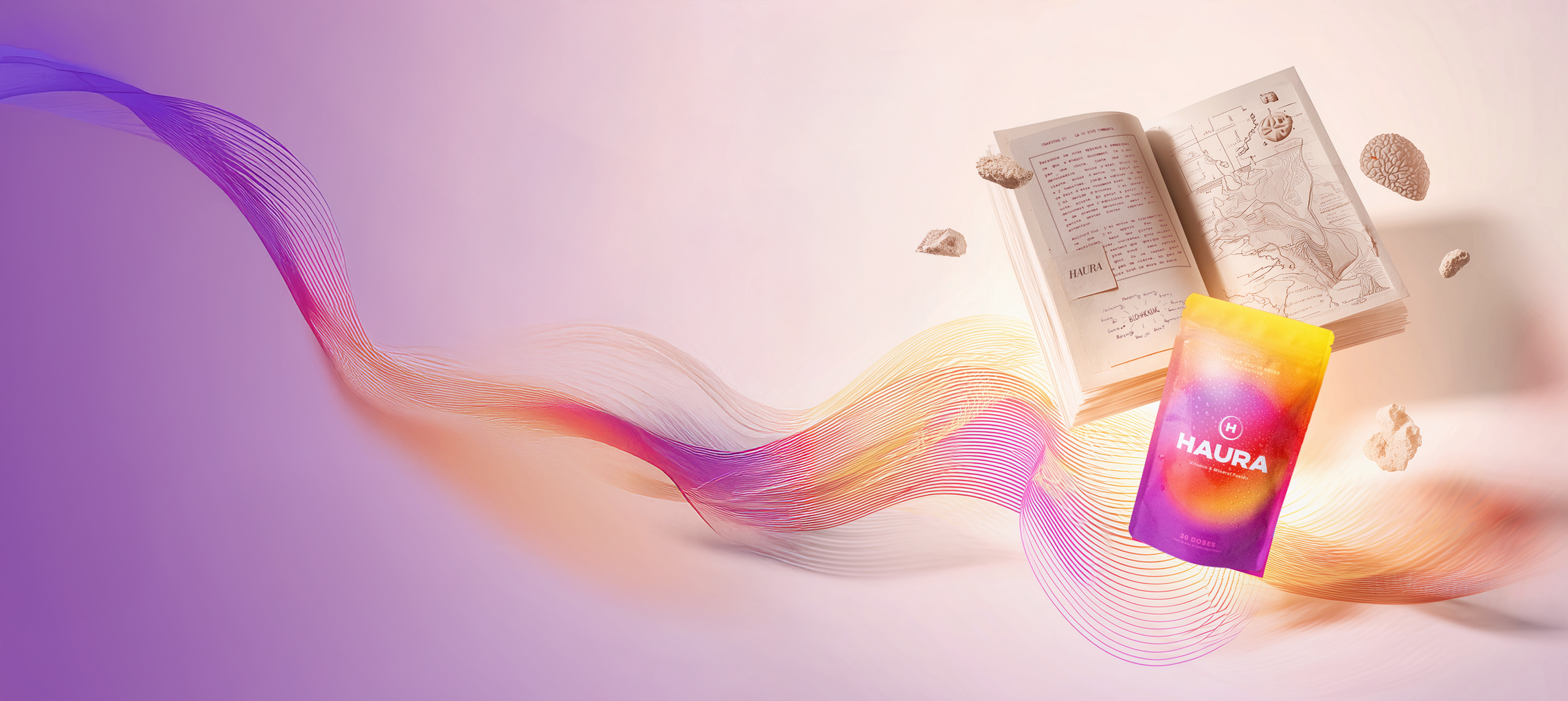 Open book with floating rocks and colorful HAURA package on a purple background.