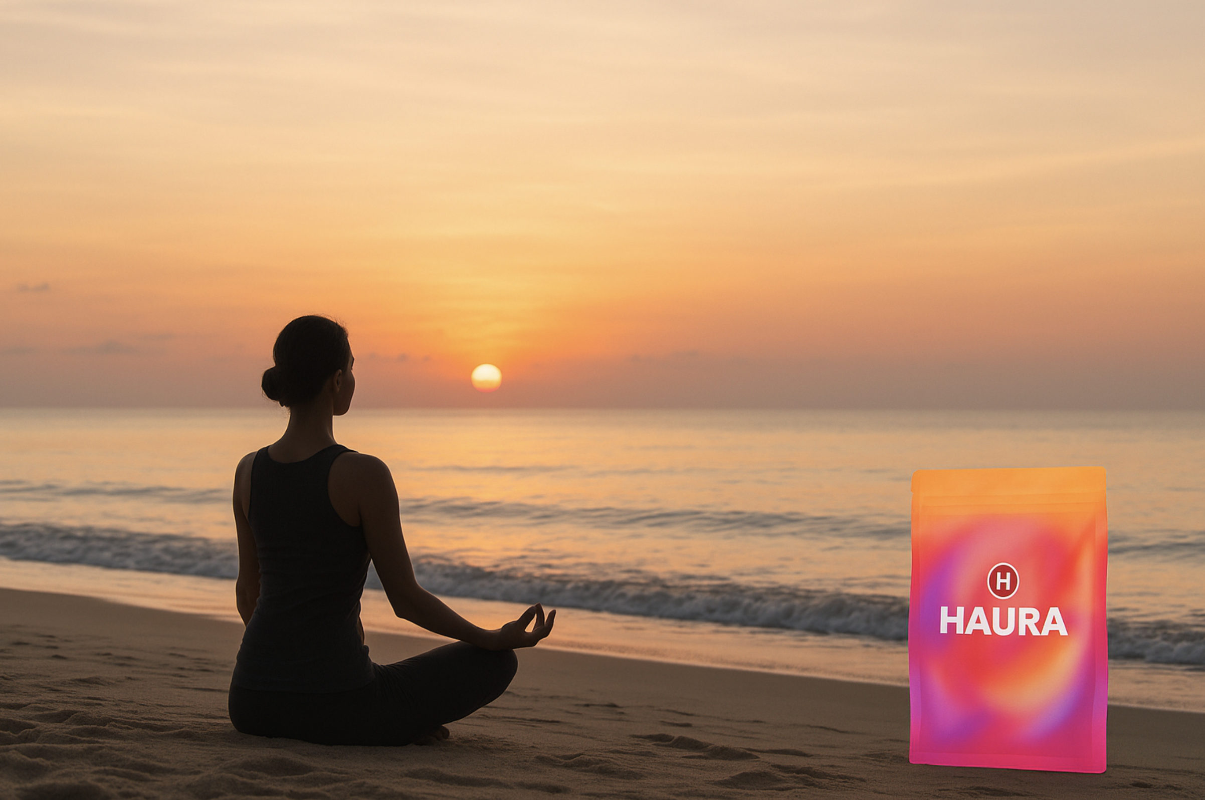 Yoga au lever du soleil avec produit Haura