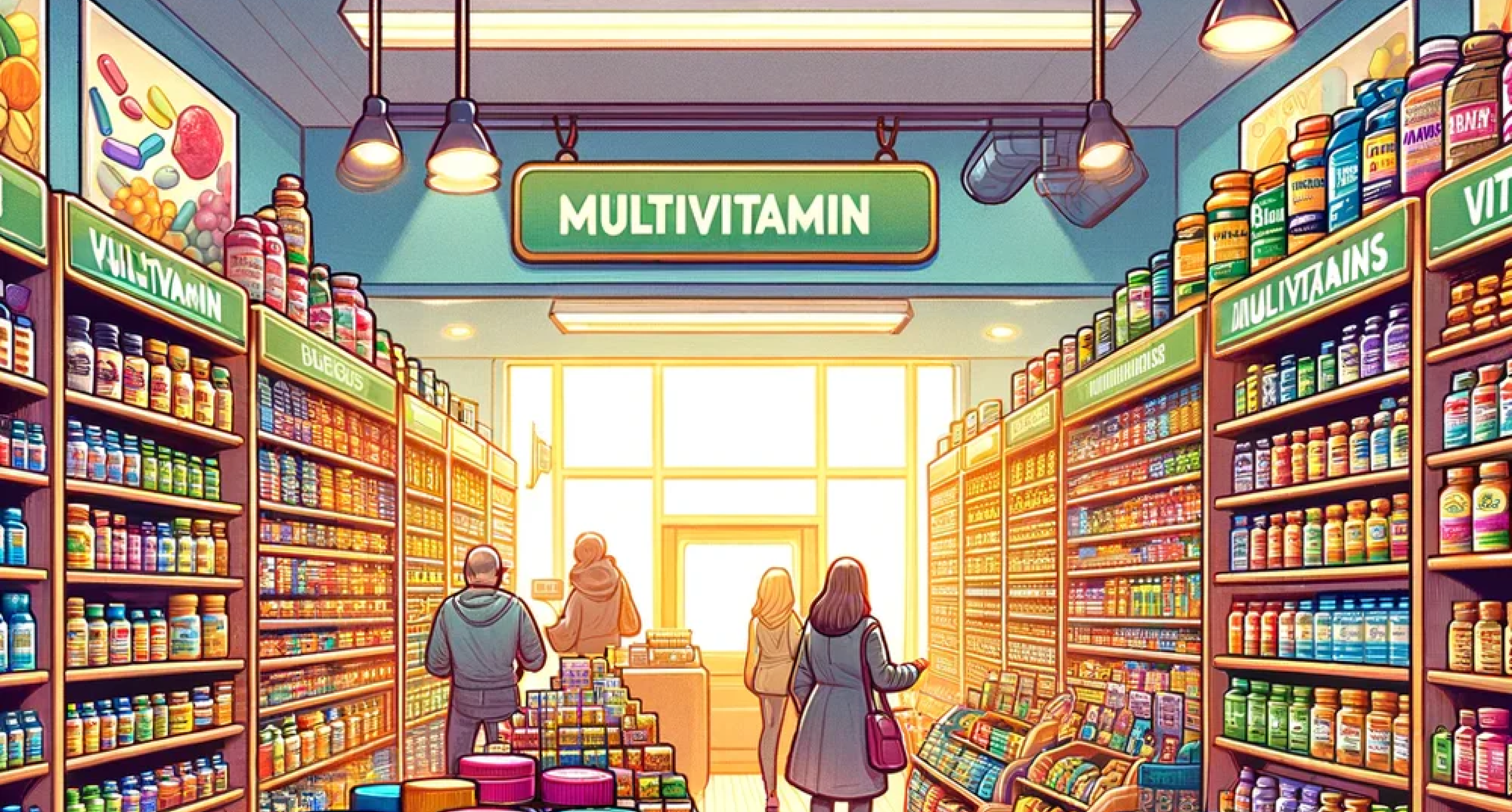 A brightly lit supplement aisle with shoppers examining multivitamin bottles.