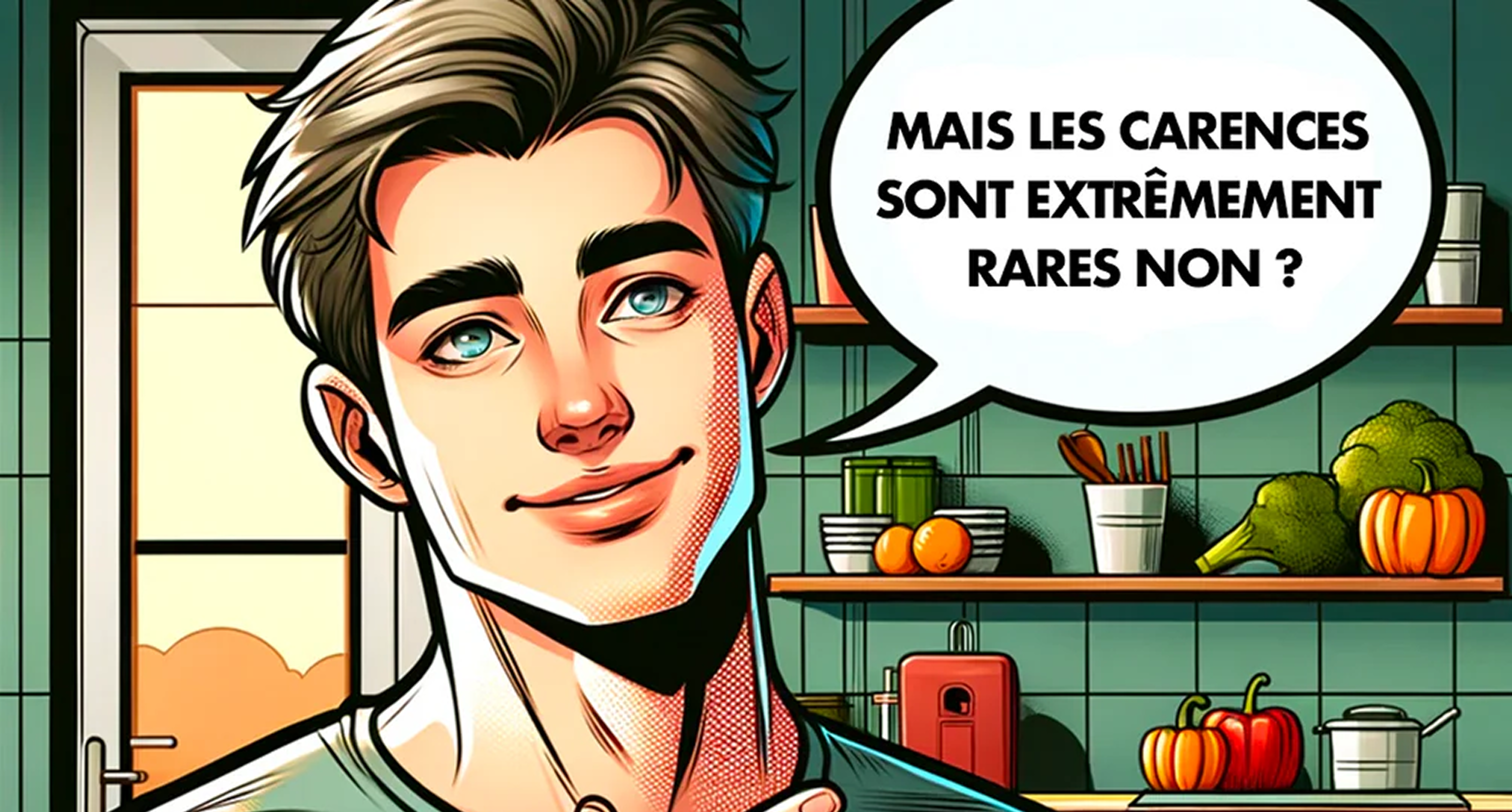 Cartoon character in a kitchen saying, 'Mais les carences sont extrêmement rares non ?'