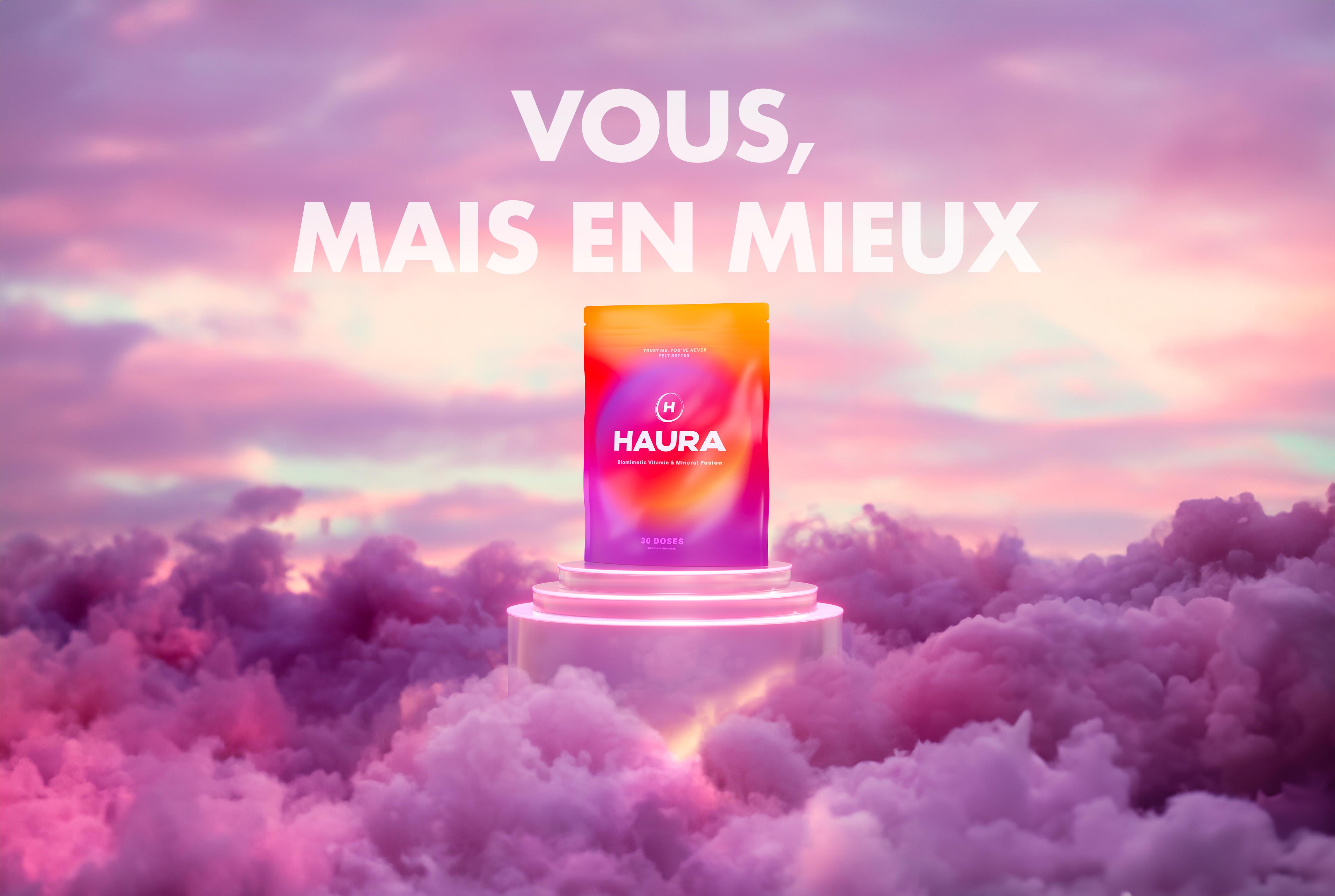 Colorful product packaging on a glowing pedestal with a cloudy background.