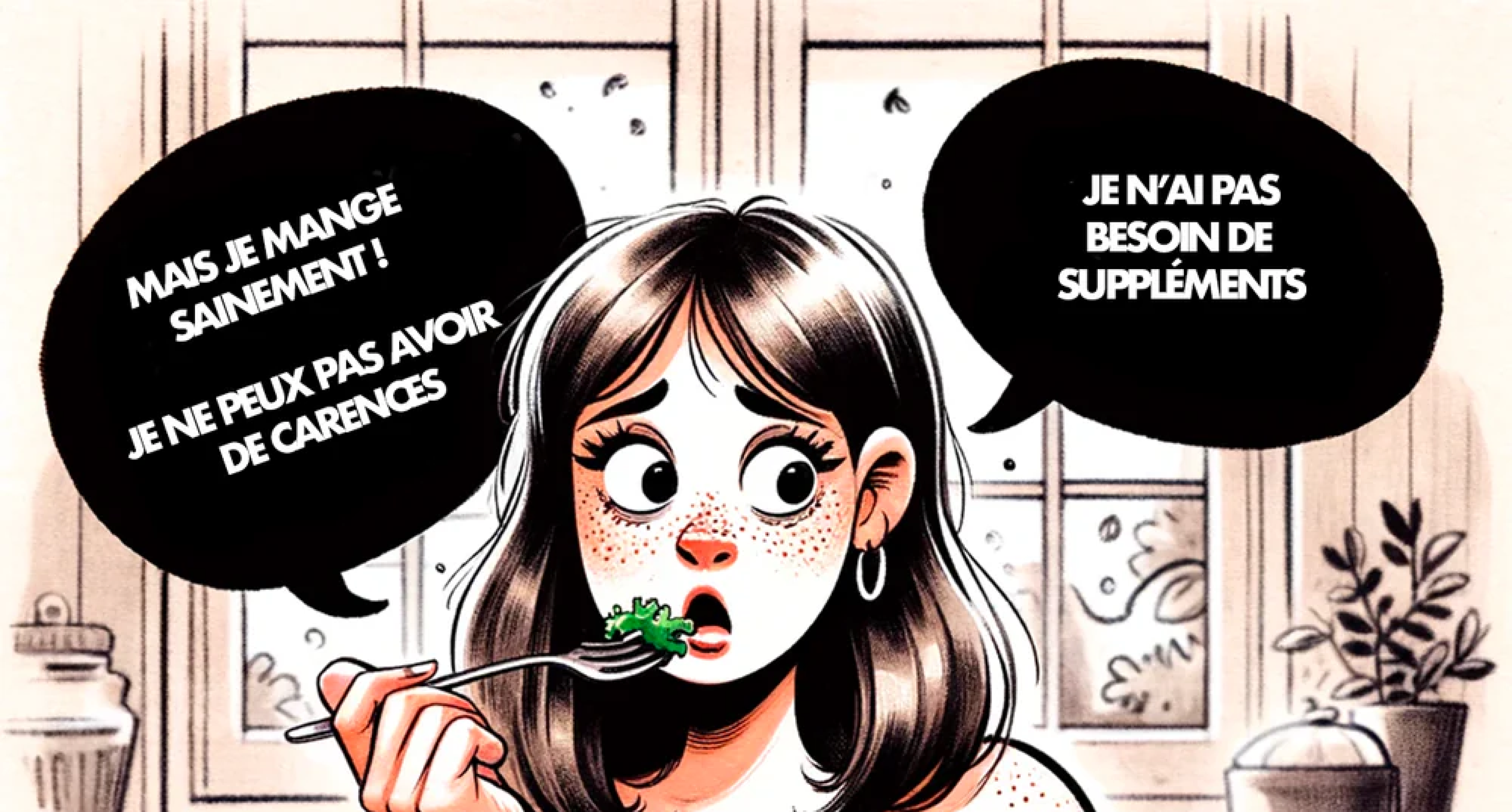 Young woman eating greens with speech bubbles about supplements and health.