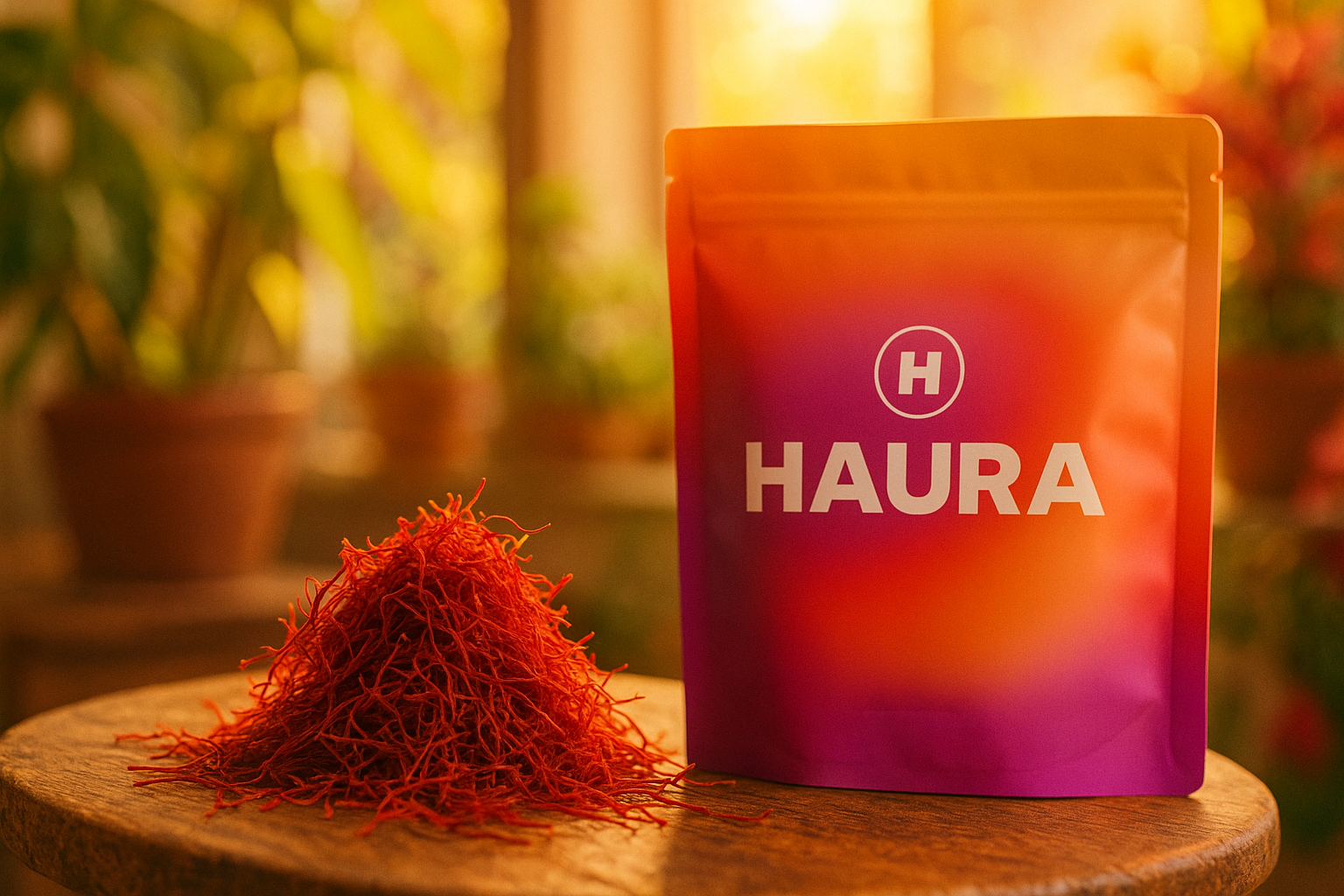 Sachet de compléments Haura Biomimetic à côté de fils de safran