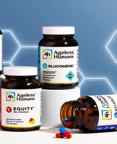 Several bottles of Ageless Humans supplements, with one spilled over showing red and blue capsules.