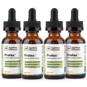 Four brown dropper bottles of Ageless Humans® Protex™ supplement lined up in a row.