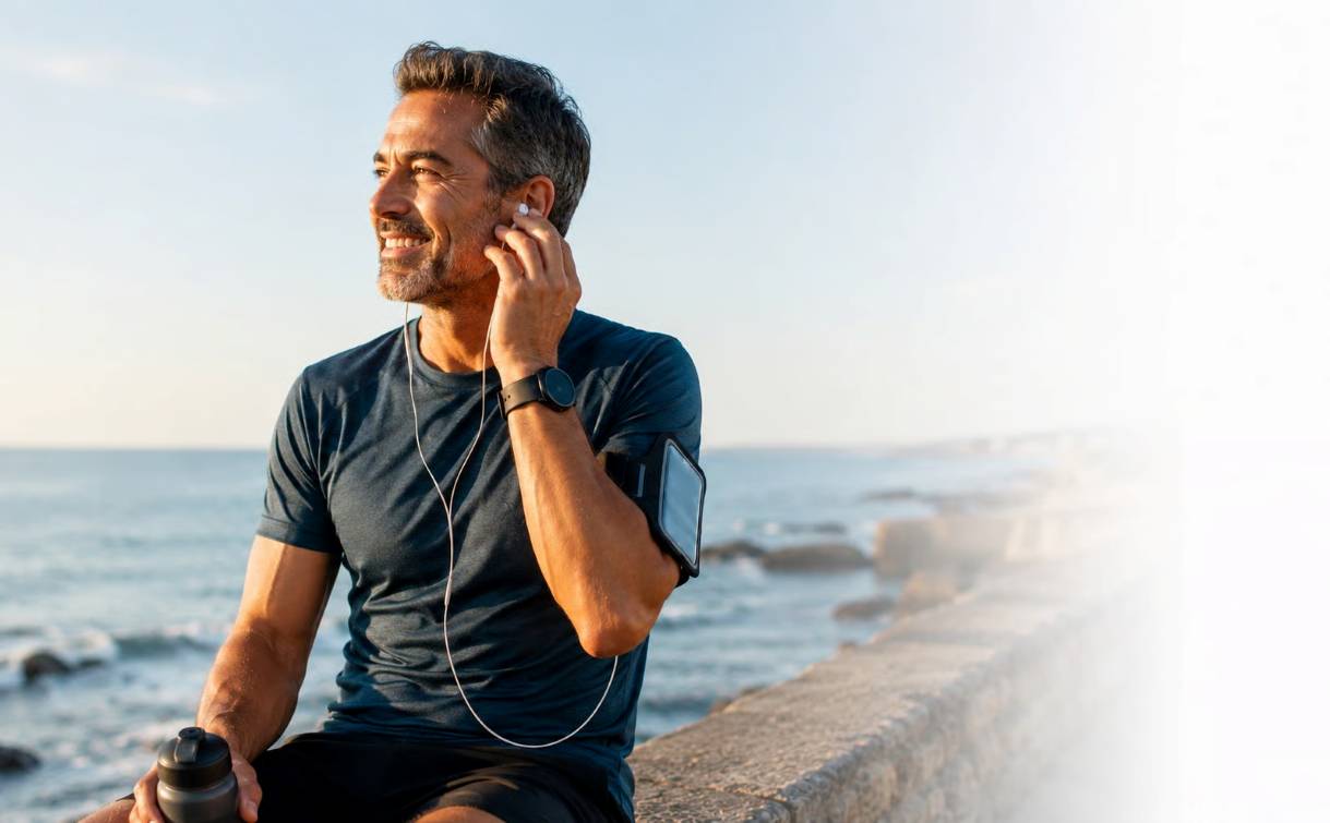 A smiling man in workout clothes with earbuds sits on a stone wall by the ocean.