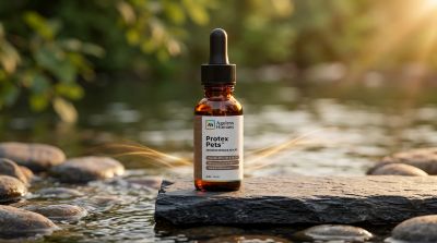 A brown glass dropper bottle sits on a flat rock in a stream with a sunlit, leafy background.