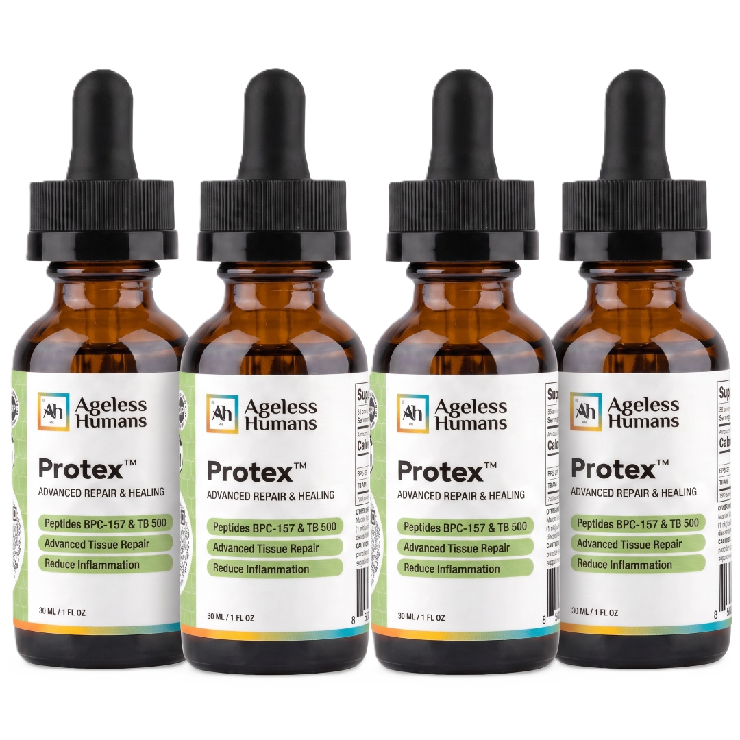 Four brown glass bottles of Ageless Humans Protex supplement with dropper tops lined up in a row.