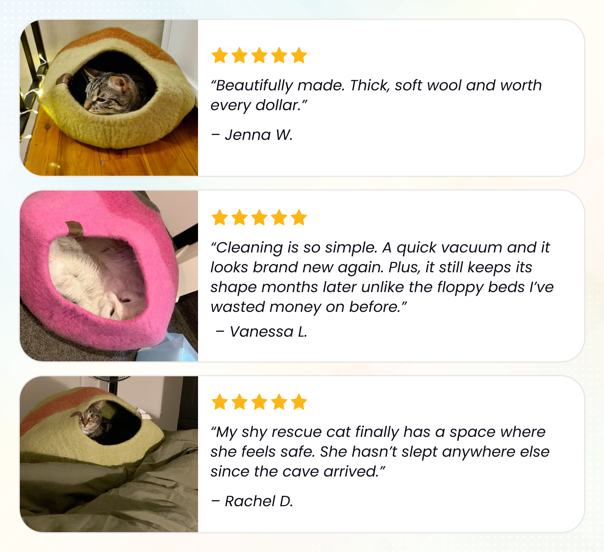 Three images of cats in cozy cat caves with positive customer reviews.