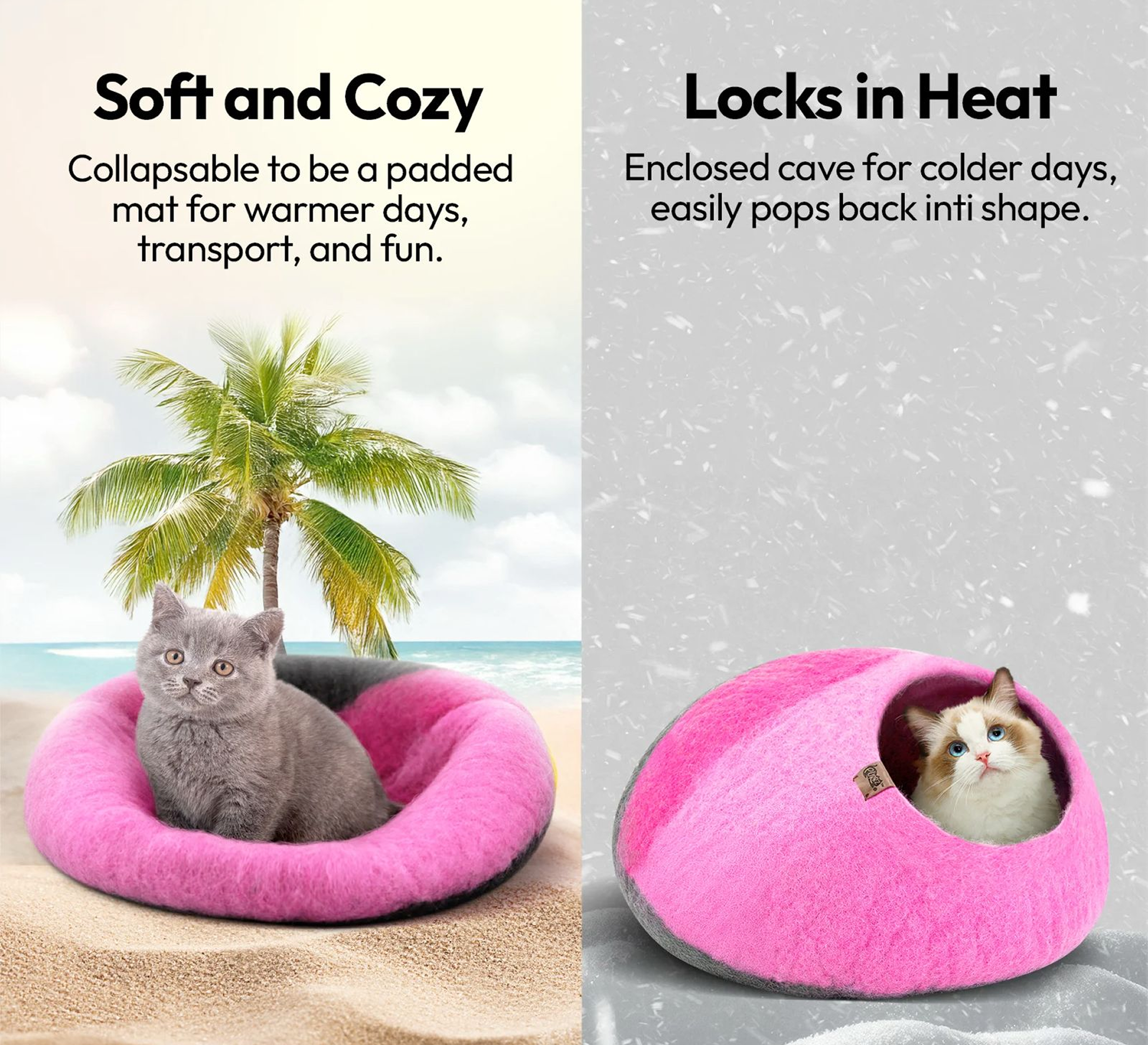Two pink pet beds with cats; one open on sand, one enclosed in a snowy setting.