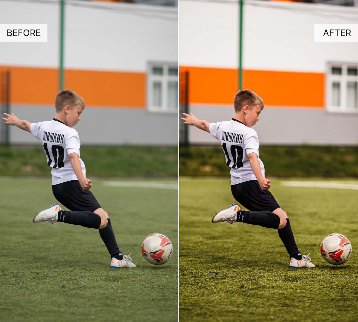 A before-and-after image showing color correction on a photo of a young boy kicking a soccer ball.