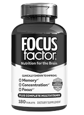A black and white bottle of Focus Factor Nutrition for the Brain dietary supplement, containing 180 tablets.