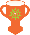 Orange trophy with a star and green emblem.