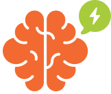Illustration of an orange brain with a green speech bubble and lightning bolt.