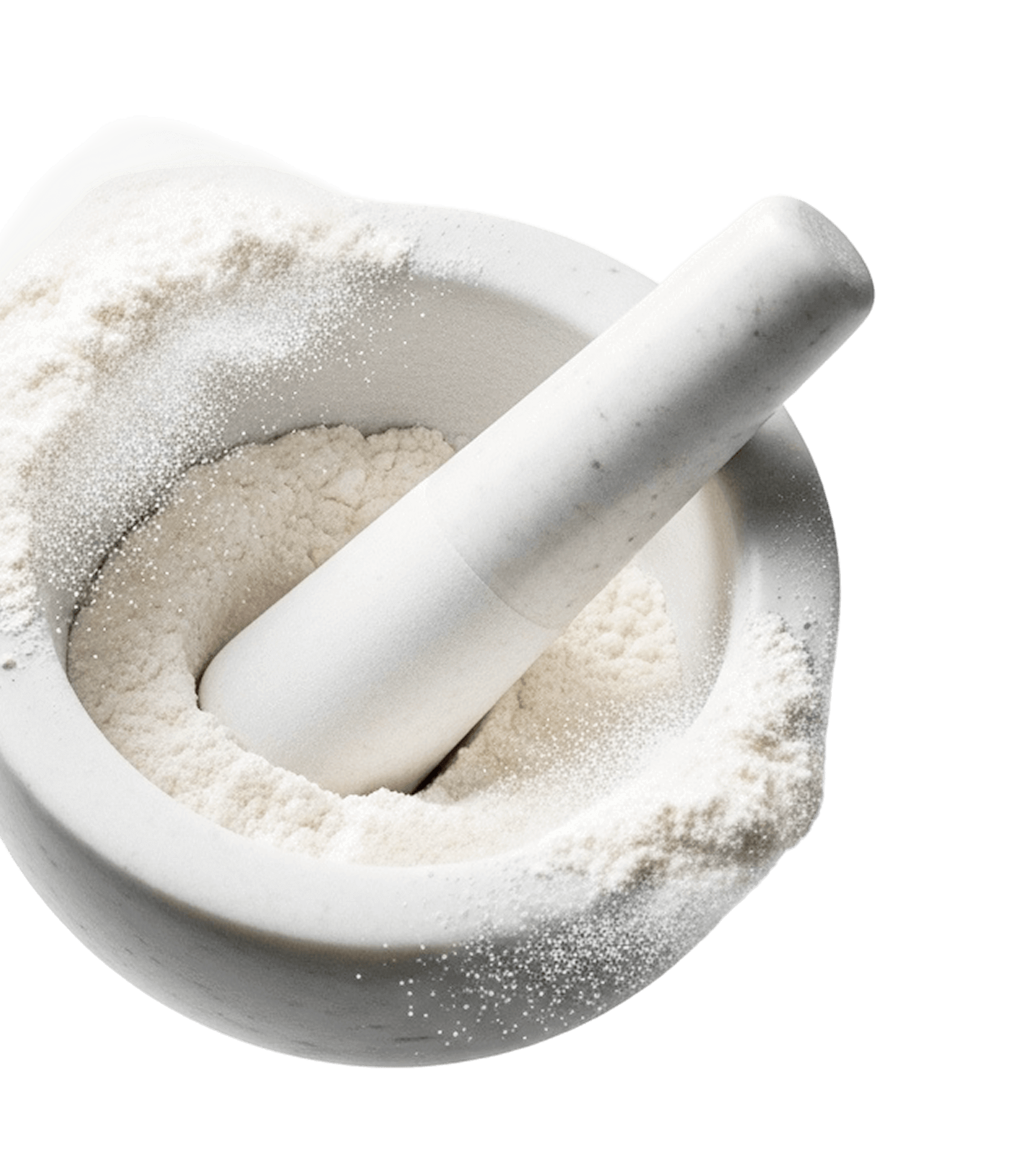 A white mortar and pestle with fine powder inside.