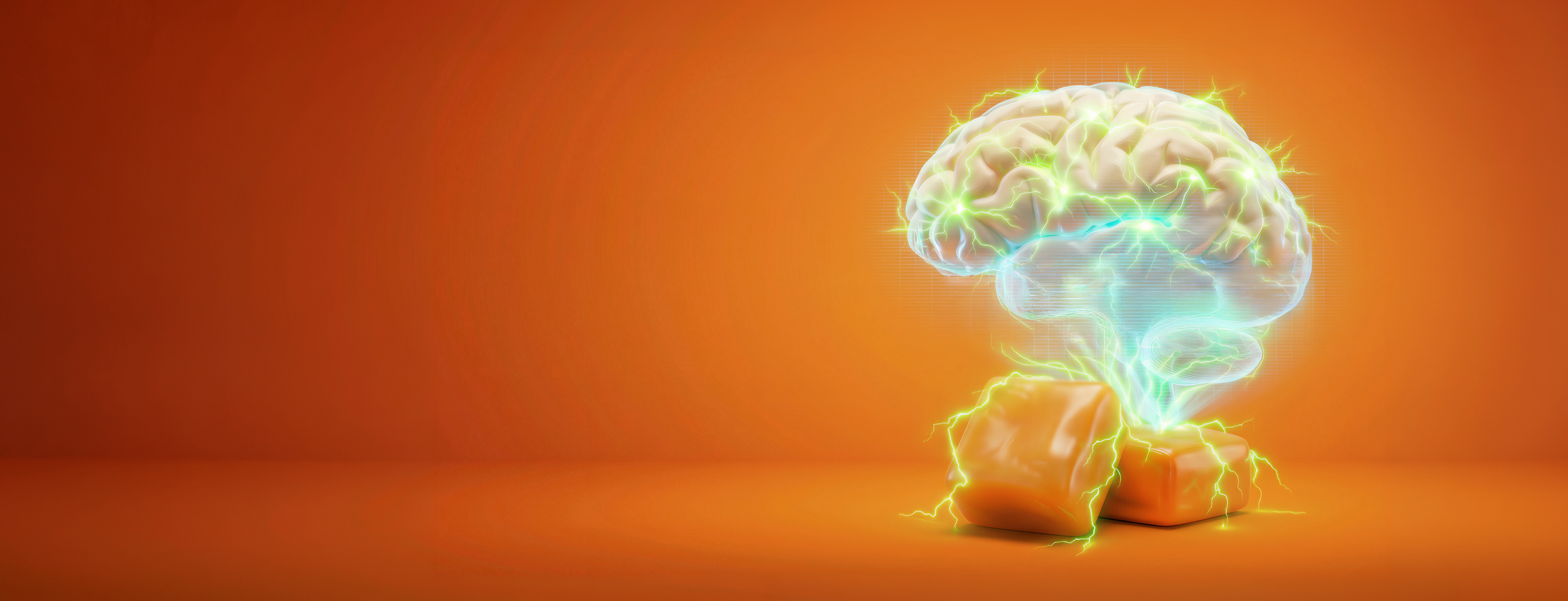 A glowing, holographic brain with electrical sparks emerging from two orange cubes against an orange background.