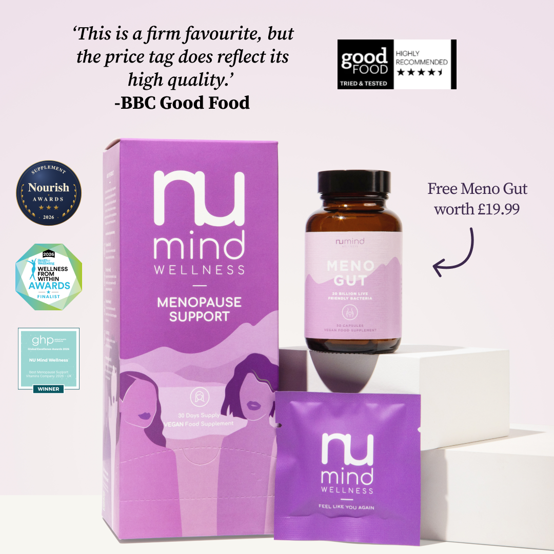 Nu Mind Wellness Menopause Support products, including a box, bottle, and sachet, displayed with various award logos.