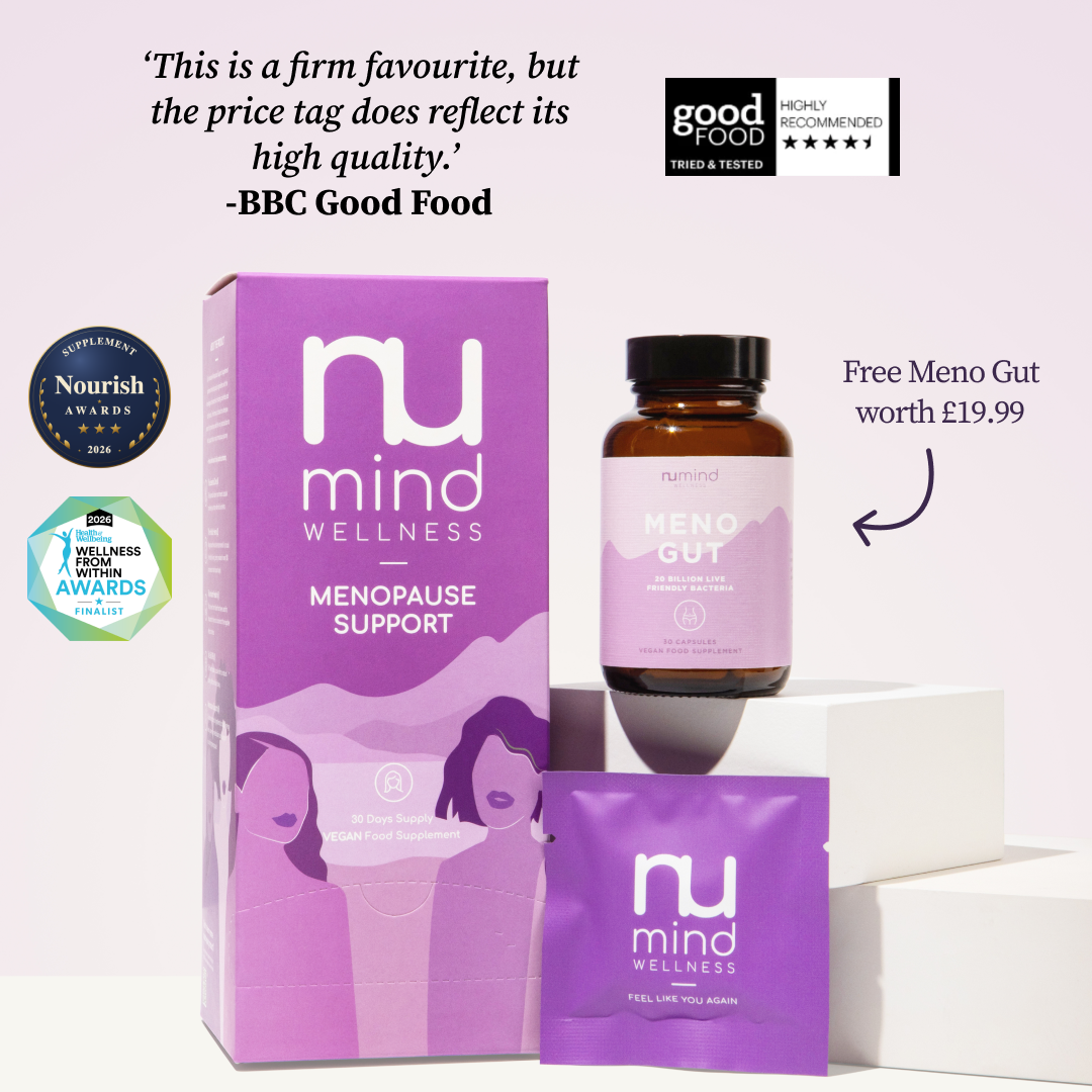Nu Mind Wellness Menopause Support box, Meno Gut bottle, and sachet displayed with various award logos.