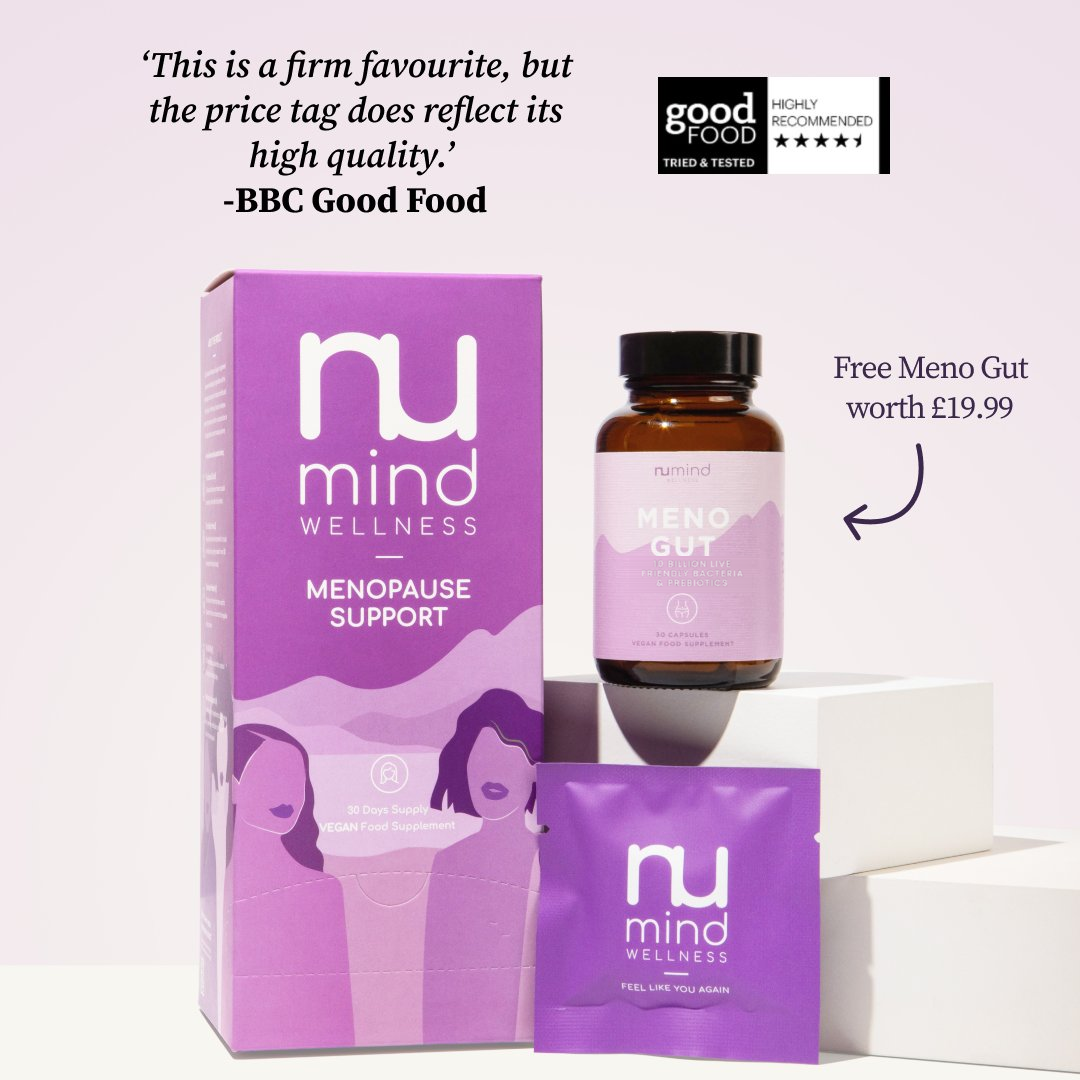 A product shot of Nu Mind Wellness Menopause Support supplements, including a box, a bottle, and a sachet.