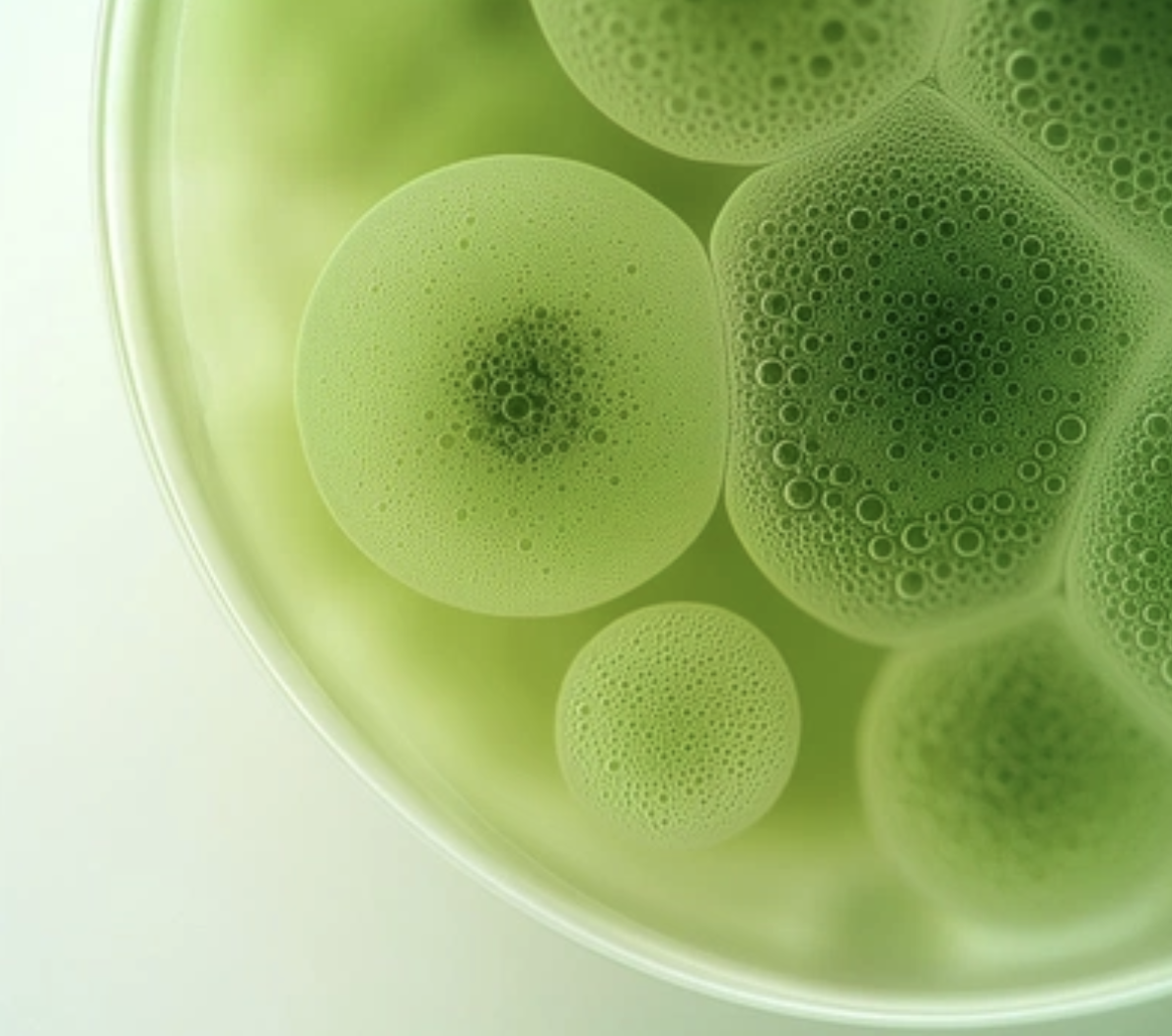 Close-up of green bubbles in liquid, resembling cells.