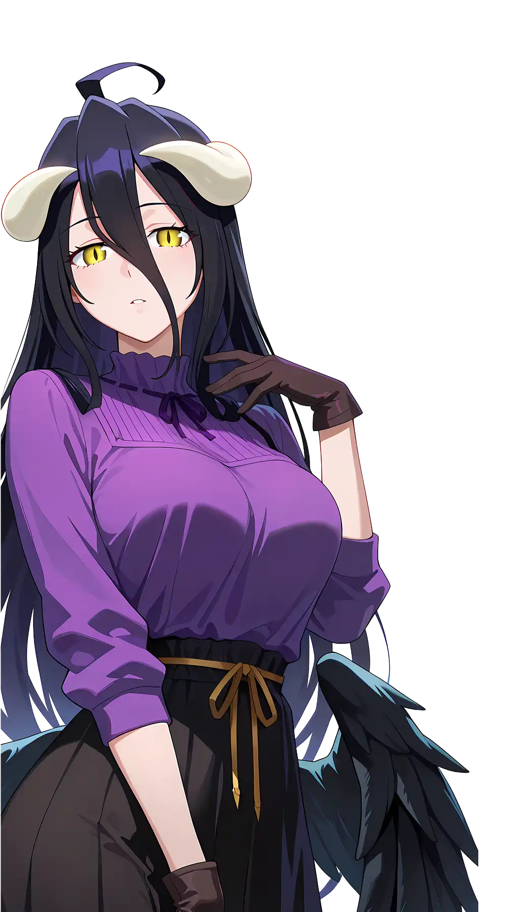Anime character with long black hair, horns, yellow eyes, wearing a purple blouse and black gloves.