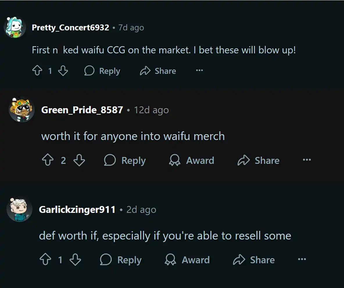 Three online comments about waifu merchandise, with avatars and engagement options visible.