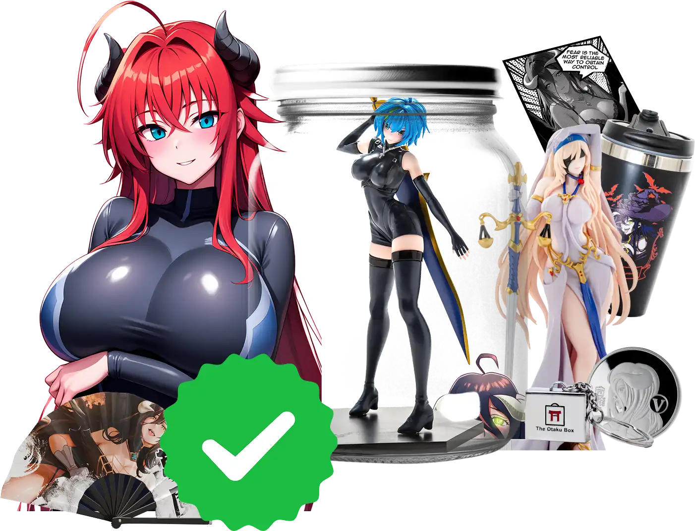 Anime-style characters and merchandise with a checkmark symbol in the foreground.