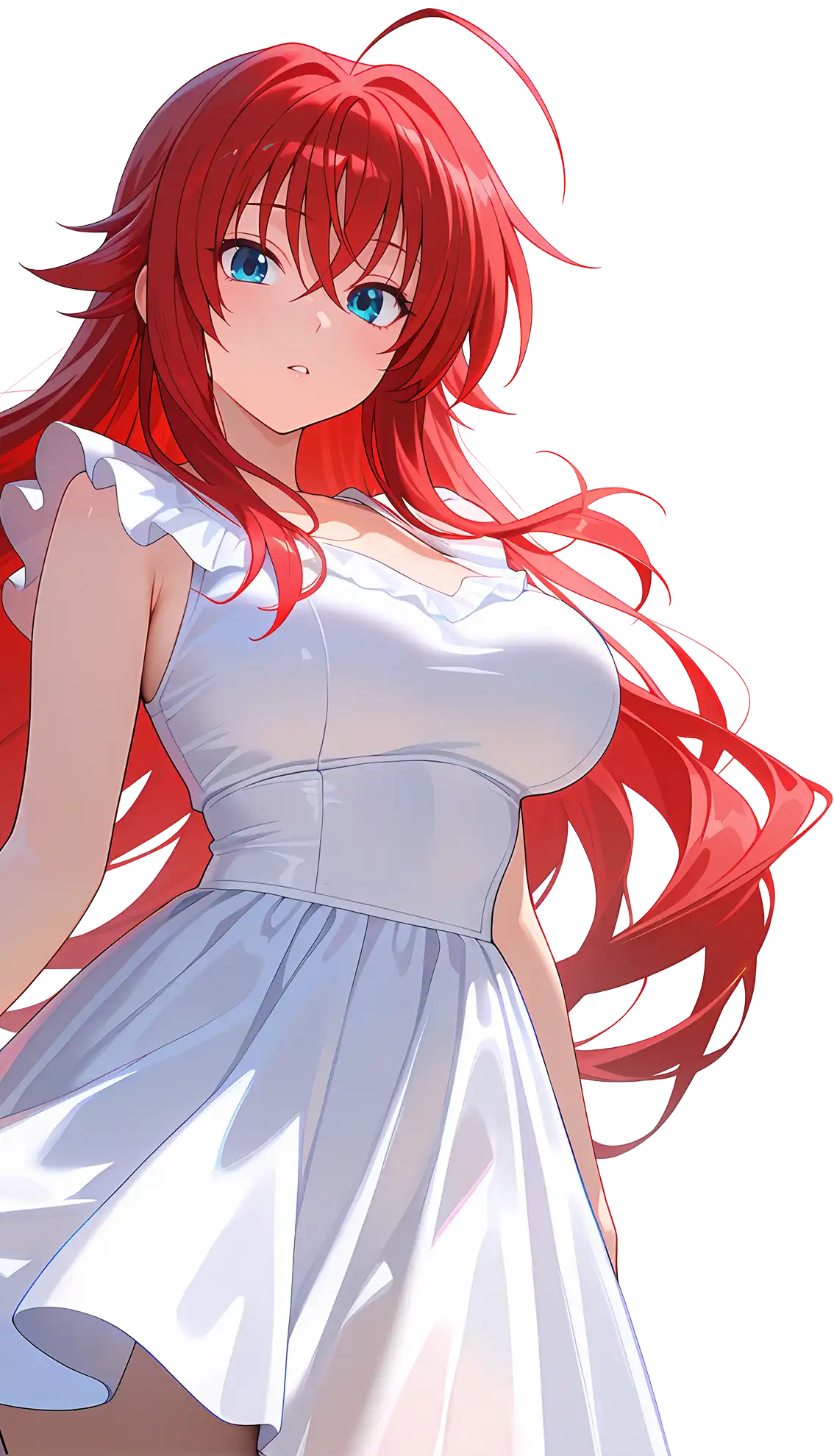 Anime character with long red hair and blue eyes in a white dress.