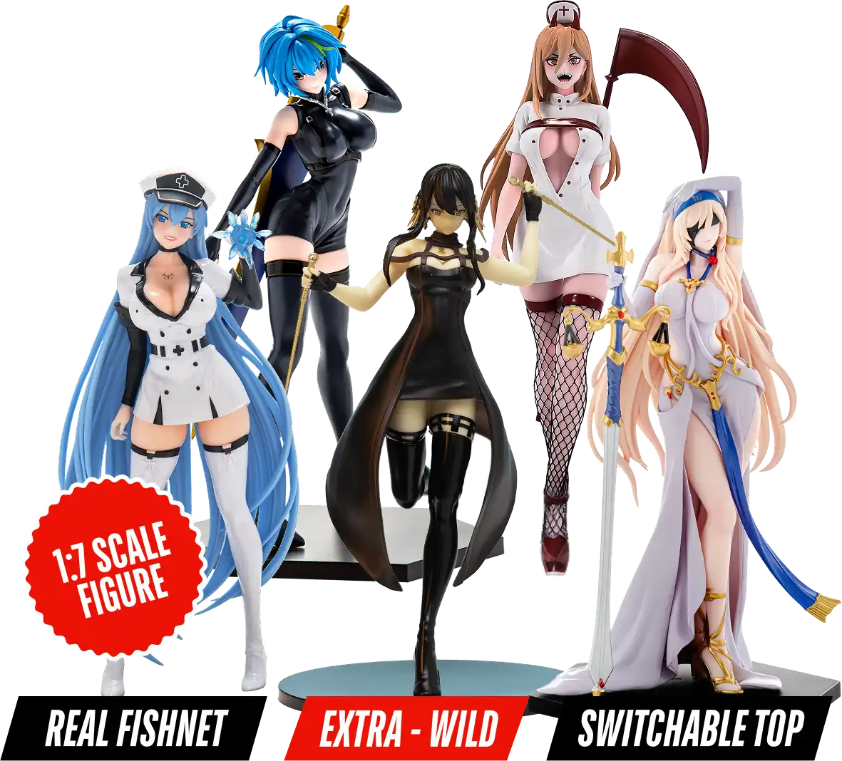Five anime-style character figures with colorful hair and detailed outfits on stands.