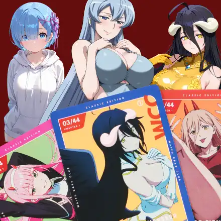 Anime characters and themed card game with colorful designs.