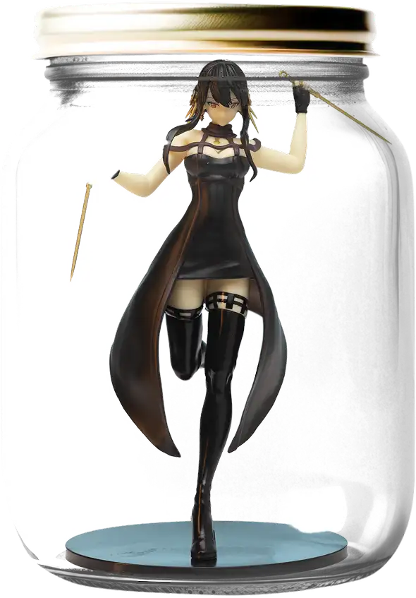 Anime figurine in black dress and boots inside a glass jar.