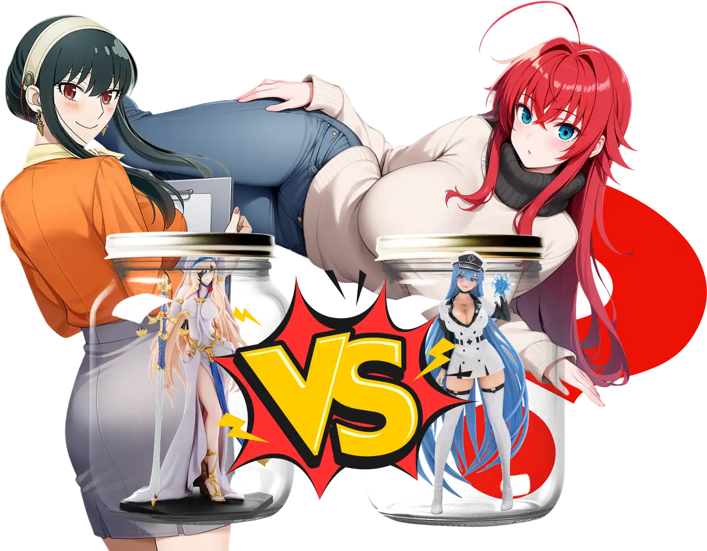 Two anime characters with jars and versus sign in the center.