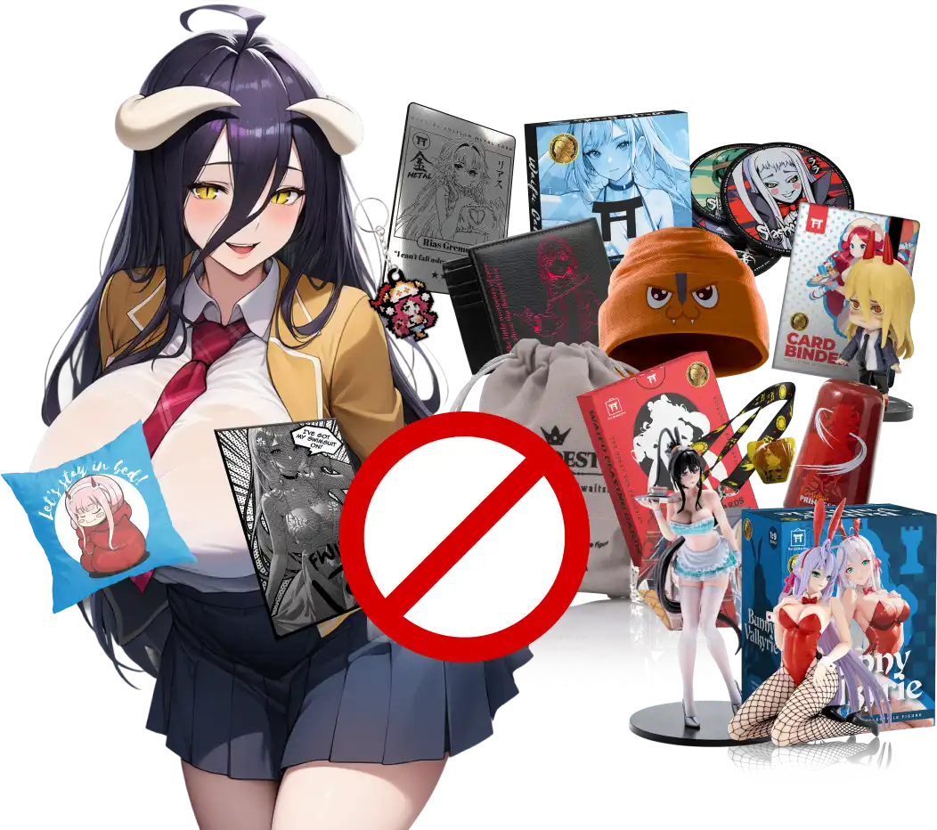 Anime character with merchandise items, including figures and accessories, on a plain background.