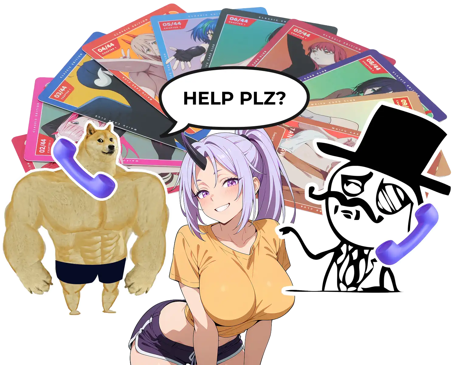 Anime character with cards, muscular dog, and mustached figure with speech bubble 'HELP PLZ?'