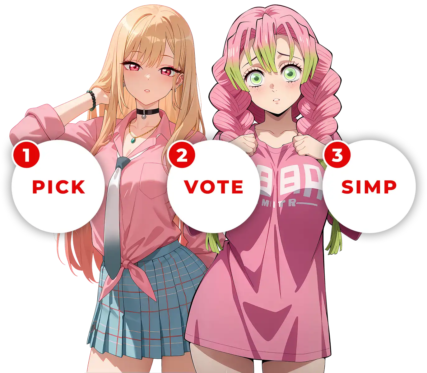 Two anime characters with options labeled pick, vote, and simp.