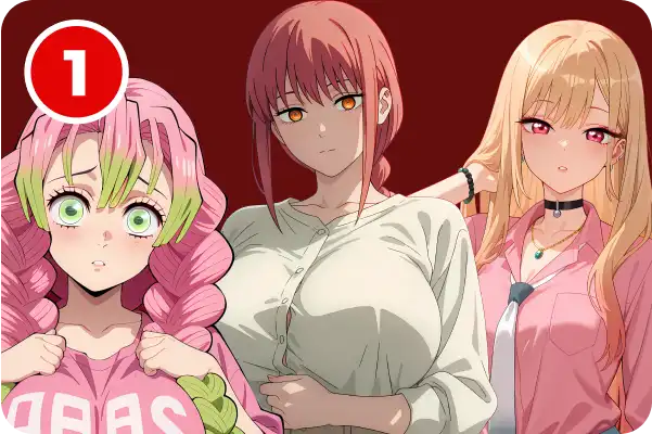 Three anime-style characters with colorful hair and expressions against a solid background.