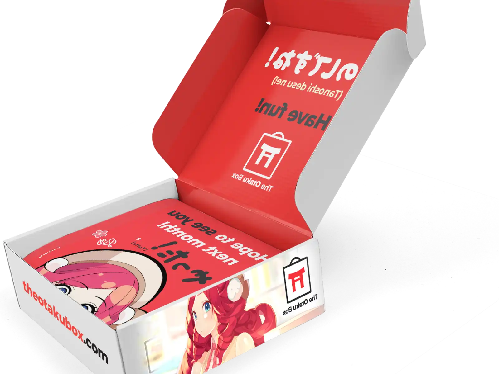 Open red and white box with anime character inside.