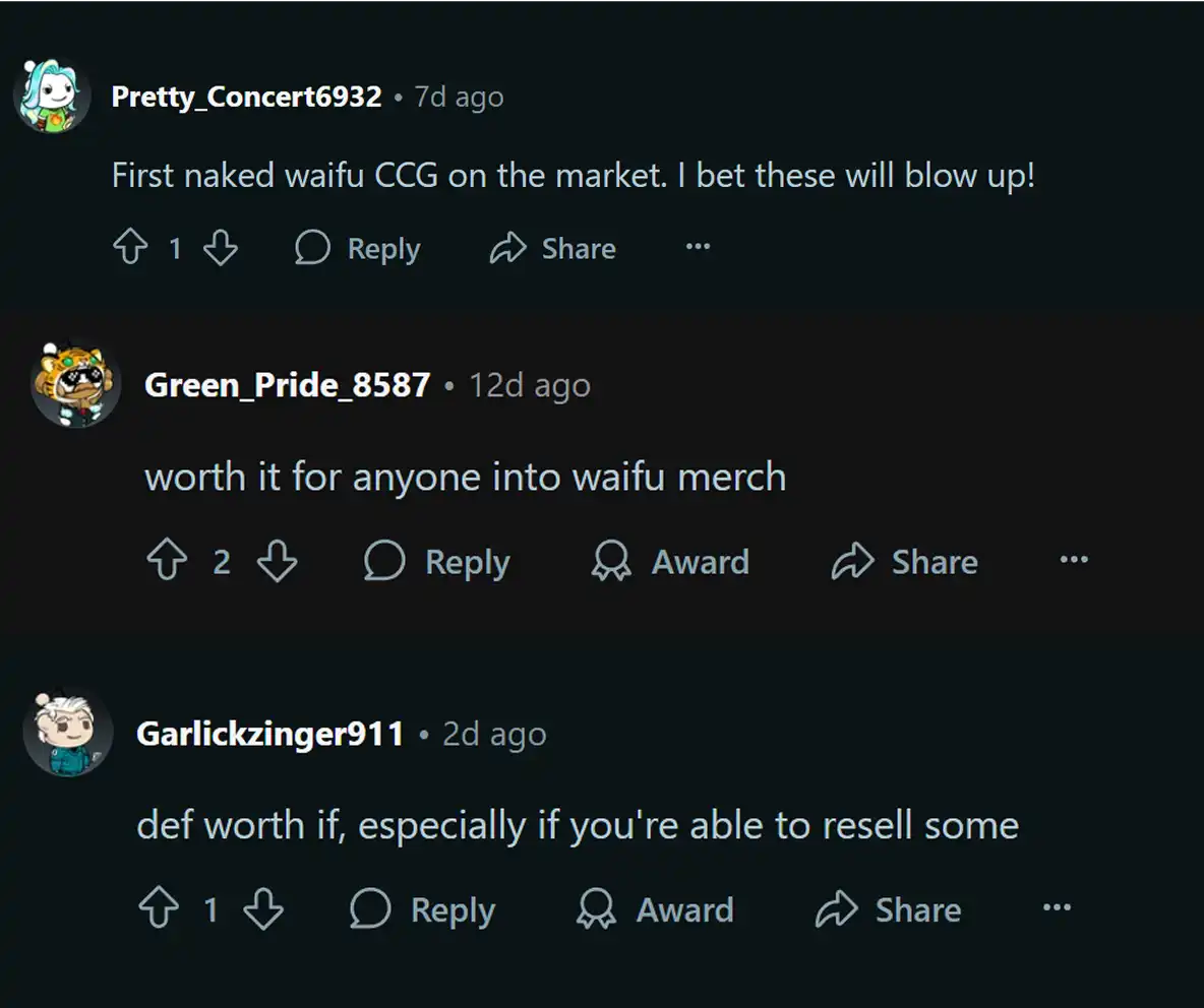 Screenshot of comments discussing a collectible card game.