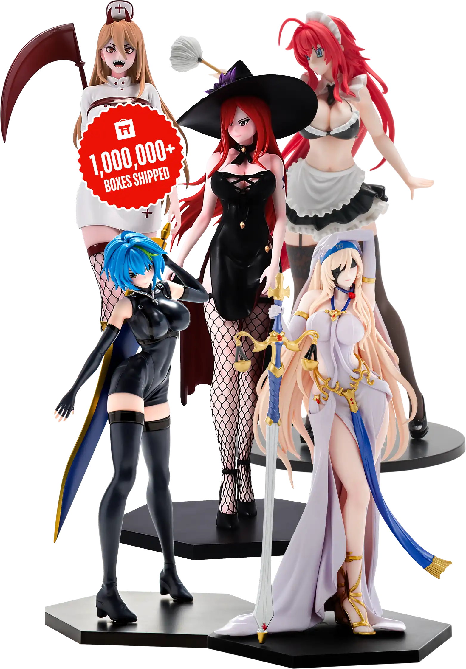 Five anime-style figurines with various themed outfits.