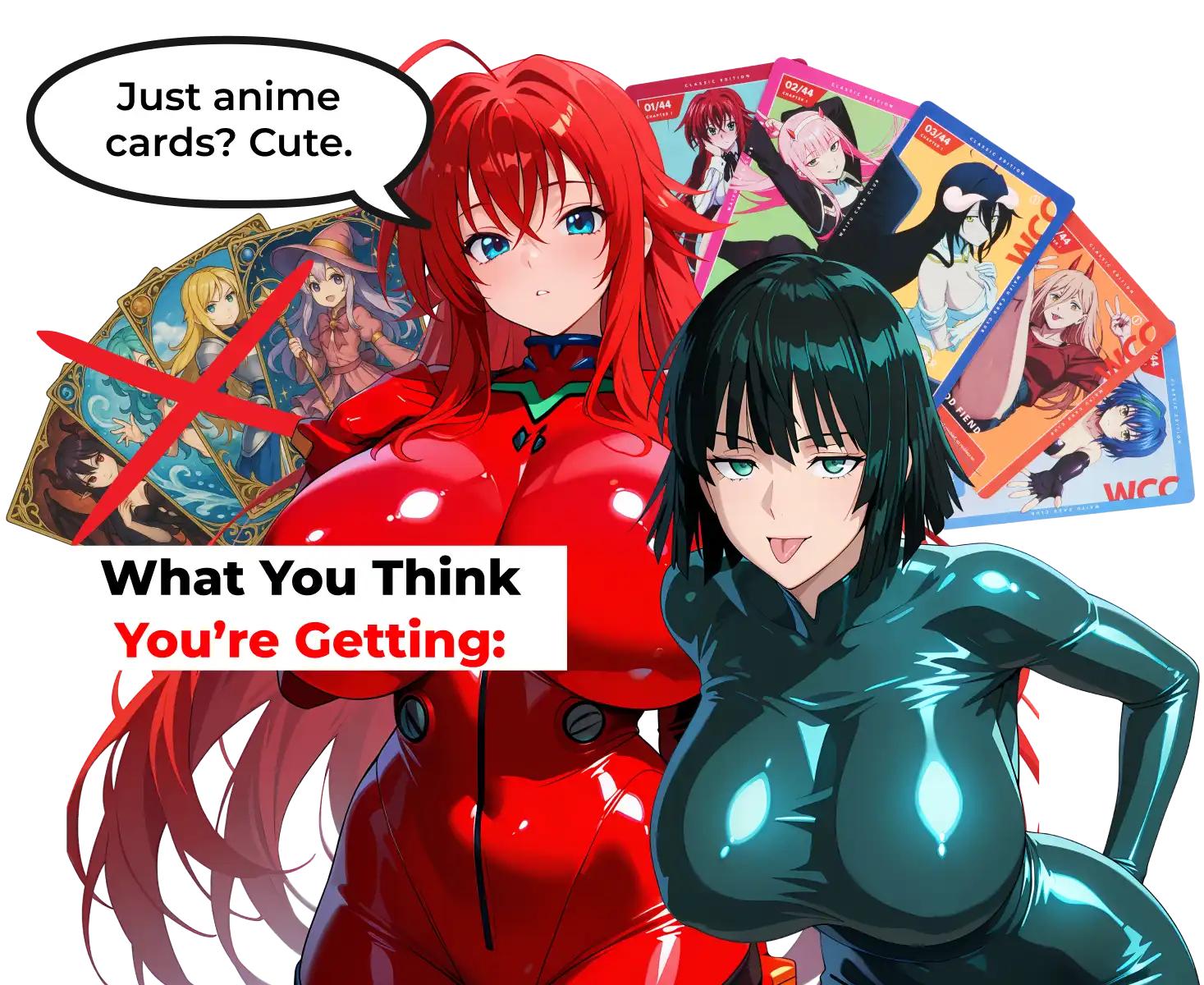 Two anime characters with cards and text bubbles, one reading 'Just anime cards? Cute.'